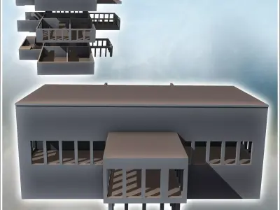 Modern flat-roofed building with internal staircase and raised a 3D print model