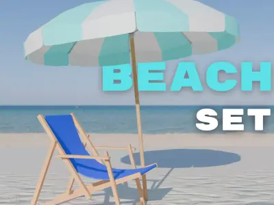Beach Set - Umbrella and sunbed Low-poly 3D model
