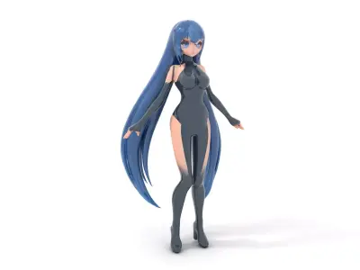 Anime Style BlueHaired Rigged and Animated Character Model Low-poly 3D model