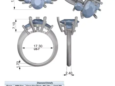 Pear Three Stone Diamond Engagement Ring 3DM STL 3D print model