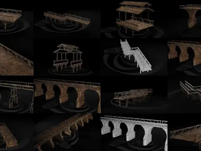 AAA Medieval Wooden Bridge Set 01 R 3D Model Pack