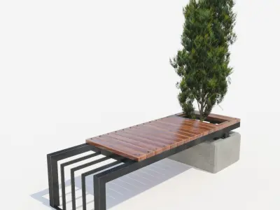 bench and thuja Low-poly 3D model