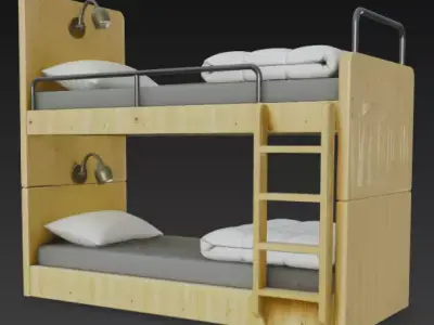 Modern Wooden Bunk Bed Hostel Bed with Ladder and Reading Lamps 3D model