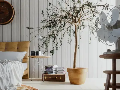 bedroom with wooden floor and ornate rug 3D model