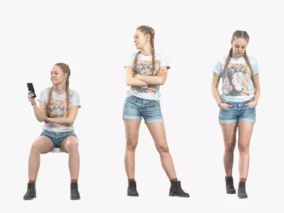Set of young stylish woman sit walk and stand - posed 3d scan 3D model