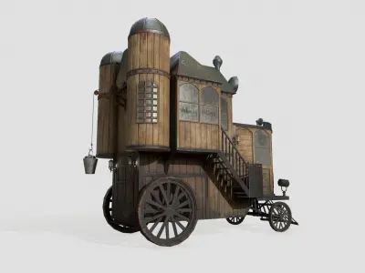 Steampunk house on wheels Low-poly 3D model