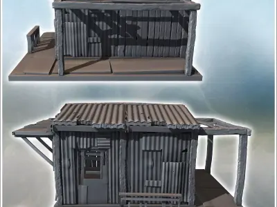 Small corrugated metal hut with damaged roof and wooden supports 3D print model