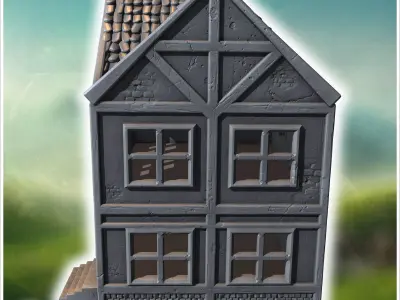 Narrow wooden building with a stone foundation steep roof and de 3D print model