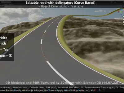 Editable Road with Delineators - Curve Based Low-poly 3D model