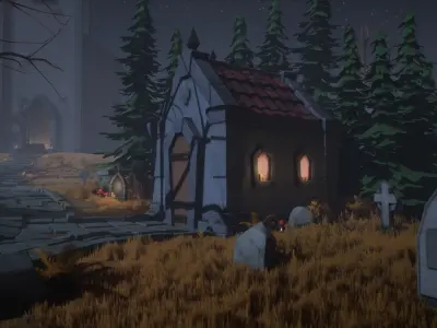 Stylized Graveyard with Church Low-poly 3D model