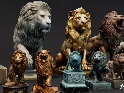 Lion Statues Pack VOL2 Low-poly 3D model