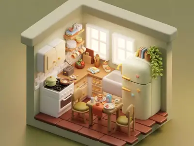 Isometric Stylized Cartoon Kitchen 52 items interior Pack Low-poly 3D model