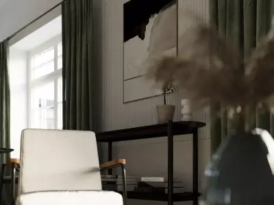 Minimalistic Living Room and Kitchen with Wood Parquet Floor Low-poly 3D model