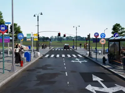 City street intersection scene   road section Low-poly 3D model