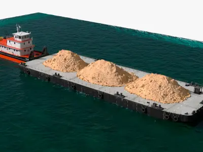  Push Boat Ship with Pontoon Barge with Sand on Water 