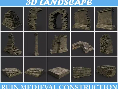 Low poly Dry Mossy Ruin Construction Pack 200210 Low-poly 3D model