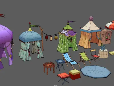 Stylized Cartoon Beach Tents set Low-poly 3D model