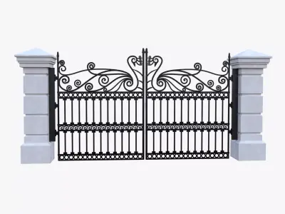 Classic Wrought Iron Entrance Gate 3D Model with Stone Columns Low-poly 3D model