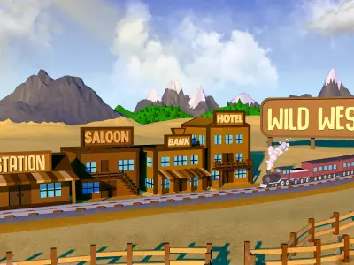 Illustration of Wild West and desert with a railroad Low-poly 3D model