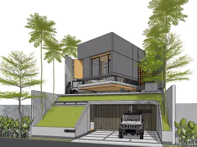 3D Model Modern 2 Story Contemporary House Facade Cantilever  3D model