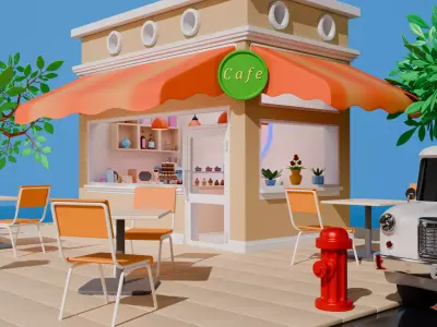 Stylized Isometric Cafe with Retro Van  Modular Blender Scene Low-poly 3D model