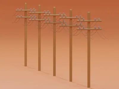 Wooden Telephone Pole Power Line Low-poly 3D model