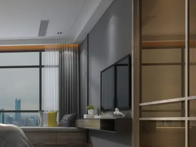 bedroom modern with wooden floors and city 3D model