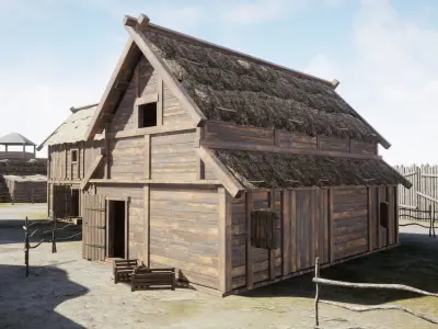 Medieval village wooden houses Low-poly 3D model