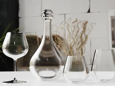 Glass Set wine glasses and decanter on table 3D model