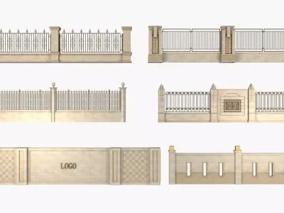Fence in classic style with wrought iron railing 3D model