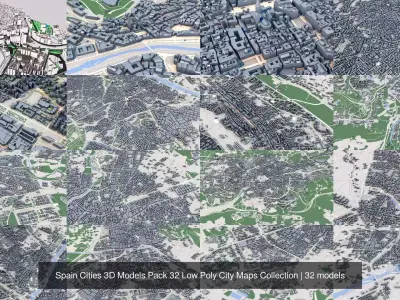 Spain Cities 3D Models Pack 32 Low Poly City Maps Collection