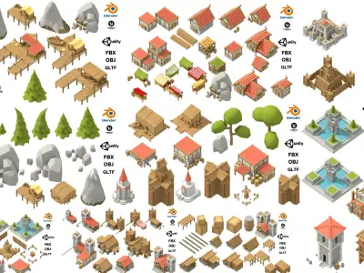 Full City low Poly Fantasy RTS 128 Model Game Ready Low-poly 3D model