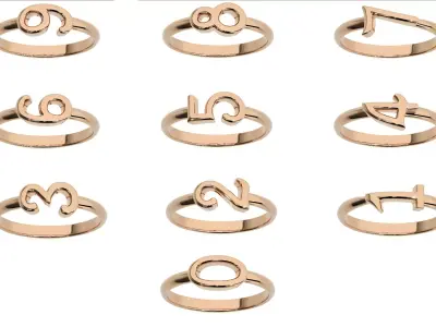 0 to 9 Plain Gold Number Ring 3dm stl renders details  3D Model Pack