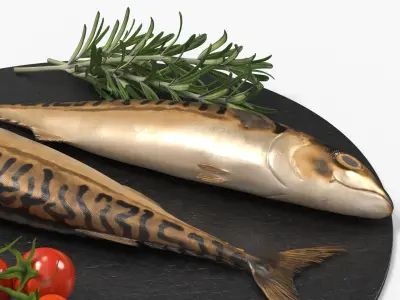  Smoked Mackerel Fish on Slate Plate with Tomato and Rosemary 