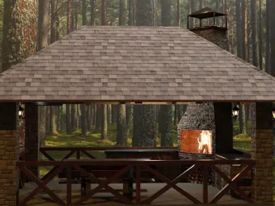 Detailed gazebo with fireplace and lighting 3D model