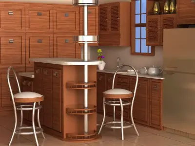 Kitchen with wooden cabinets and bar stools 3D model