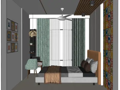 Cozy Bedroom Interior with Study Corner Traditional And  Modern Low-poly 3D model