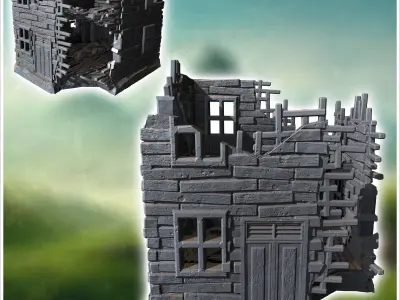 Partially destroyed wooden house with broken beams missing roof  3D print model