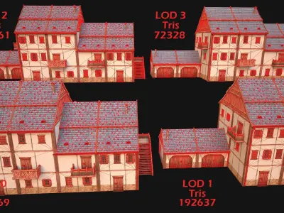 Medieval Brick Town House with Barn Low-poly 3D model