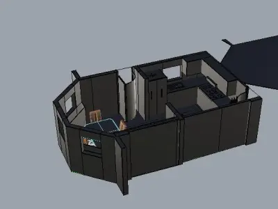 a kitchen with sitting area windows and  with metallic interior 3D model