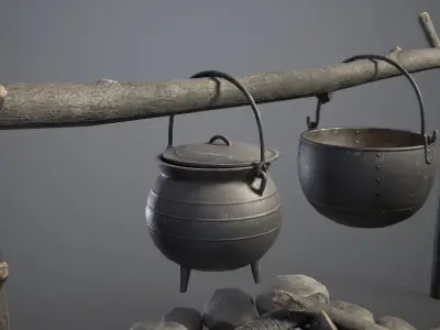 Bonfire with Medieval Hanging Cauldrons  Low-poly 3D model