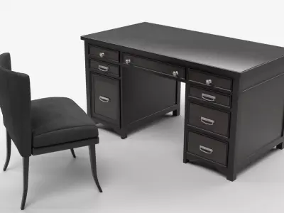 Black Wooden Office Desk with Upholstered Chair 3D model