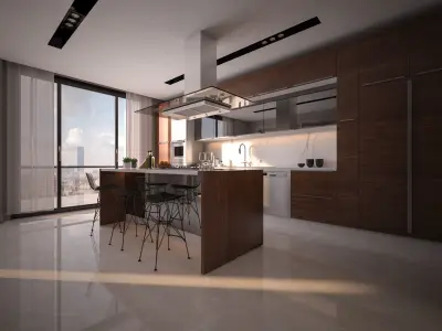 kitchen  living room and doorway design 3 in 1 Low-poly 3D model