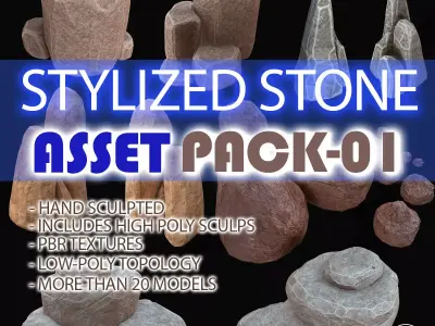 Stylized- Stone-Rock Asset - Low-poly 3D model - PACK-01 Low-poly 3D model