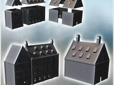 Set of two large modern brick buildings with sloping roofs and d 3D print model