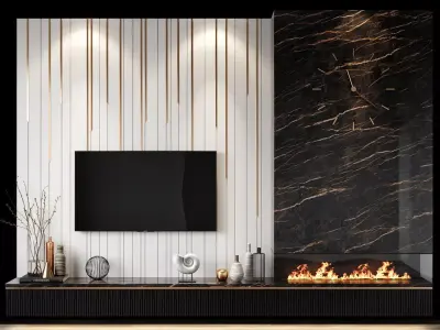 Tv set 3 modern living room with fireplace and 3D model