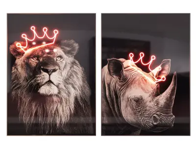 Lion and Rhino posters with neon 3D model