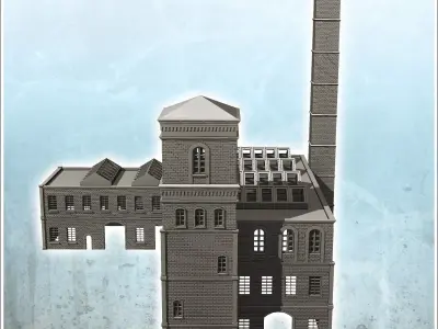 Large modern multi-storey brick industrial plant with chimney in 3D print model