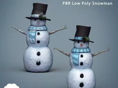 PBR Low Poly Snowman two snowmen with hats and scarves Low-poly 3D model