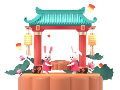 Moon cake white rabbit scene of the Mid-Autumn Festival 3D model
